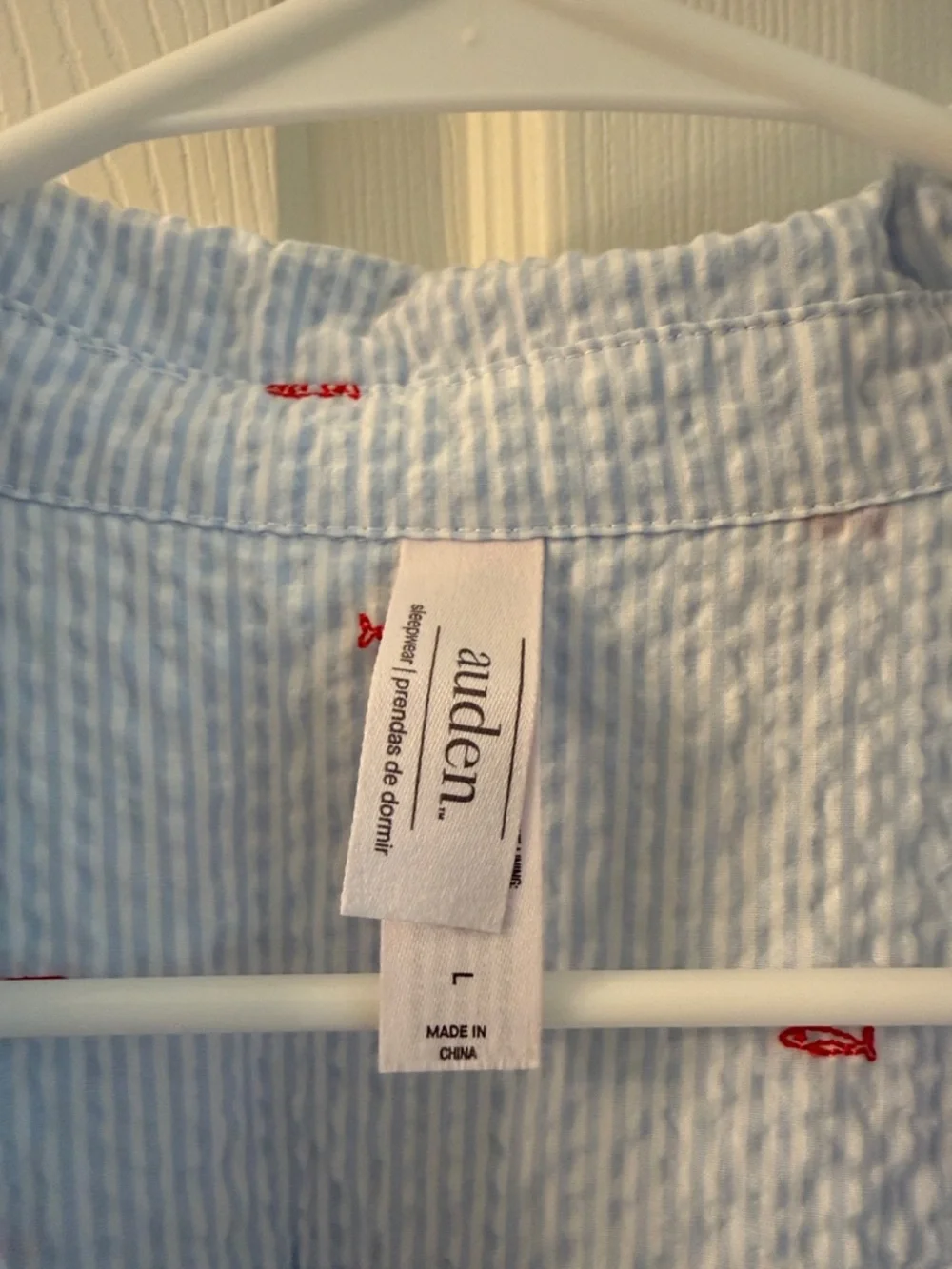 Light Blue Seersucker Two-Piece Pajama Set with red Accent cropped pants. Auden - Picture 5 of 6